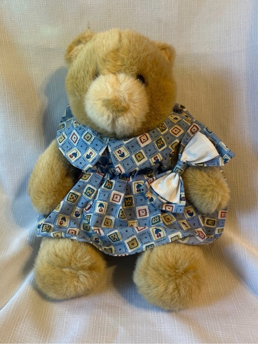 Build-A-Bear Vintage 1997 Brown Teddy in Blue Patterned Dress with Bow